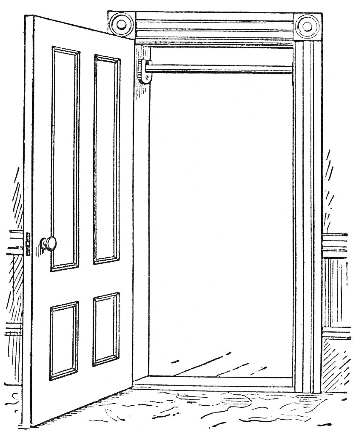 На раскраске изображено: Дверь, Открытая дверь, Декоративные элементы, Пол, Стена