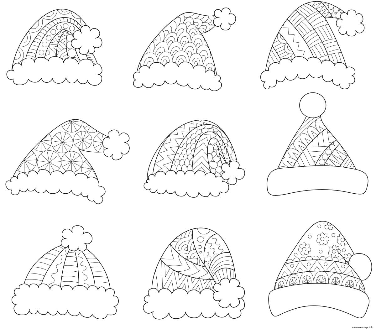 На раскраске изображено: Шапка Деда Мороза, Новогодняя шапка, Зимние шапки