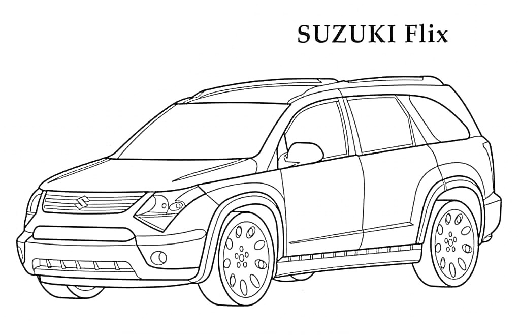На раскраске изображено: Suzuki, Внедорожник, Транспорт, Для детей, Авто, Контурные рисунки, Развивающие задания