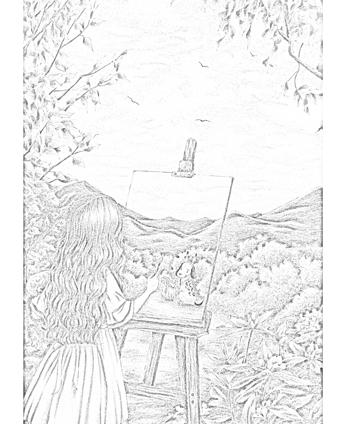 Раскраска девочка в лесу рисует на мольберте, лес, горы, деревья, кусты, облака, птицы