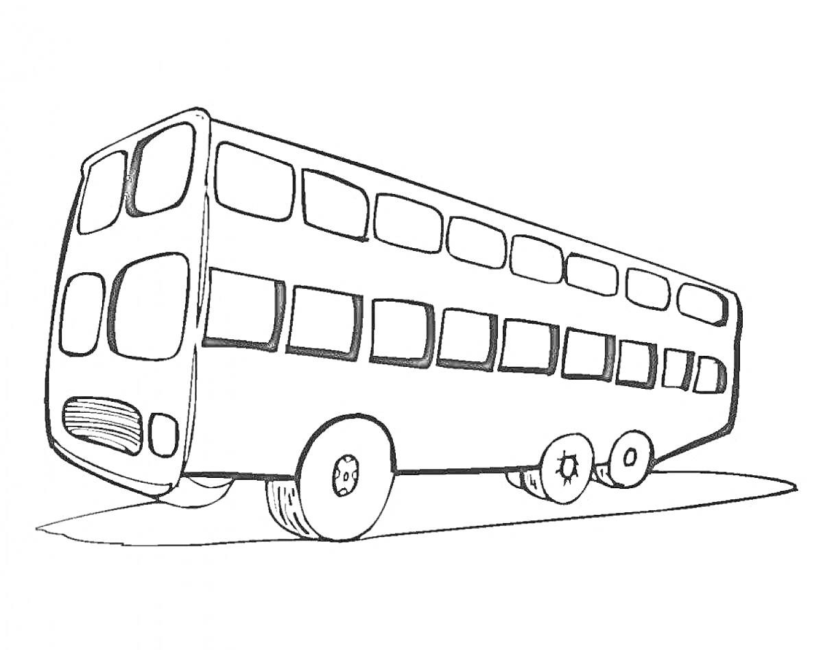 На раскраске изображено: Автобус, Транспорт, Окна, Колеса, Школьный автобус, Для детей, Двухэтажный дом