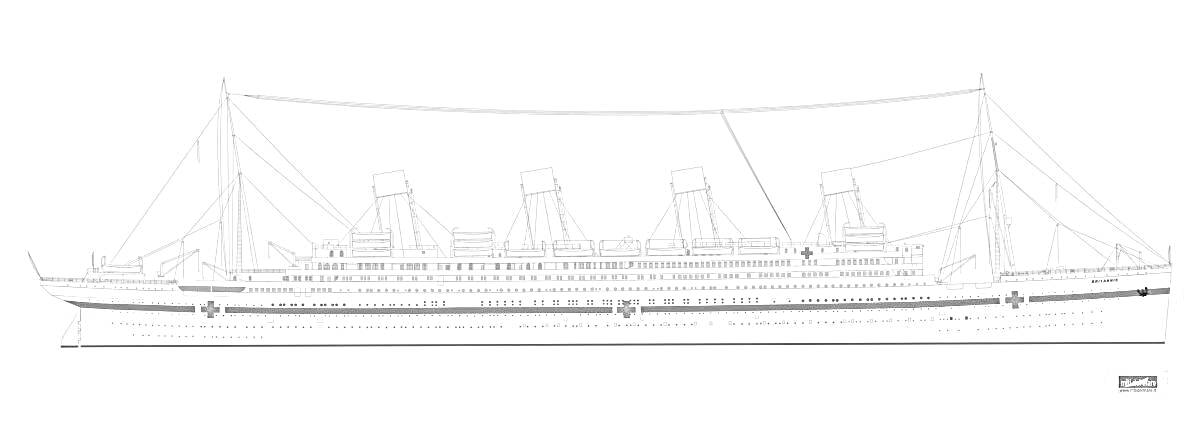На раскраске изображено: Корабль, Британик, Палубы, Корпус, Судно