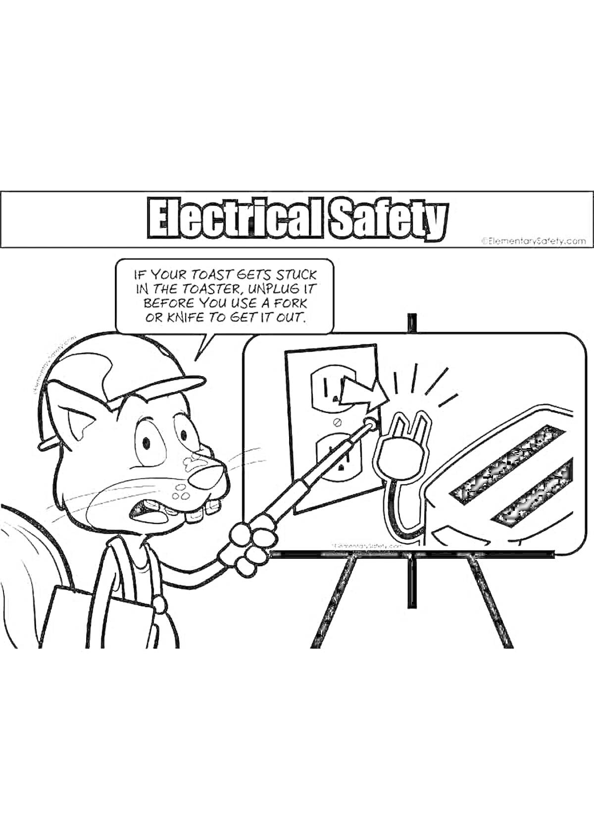 На раскраске изображено: Электробезопасность, Кот, Плакат, Указка, Электрическая розетка, Вилка, Тостер, Безопасность