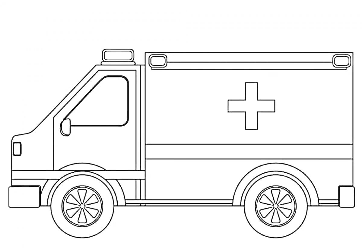 На раскраске изображено: Скорая помощь, Транспорт, Медицинская помощь, Крест, Мигалки, Колёса