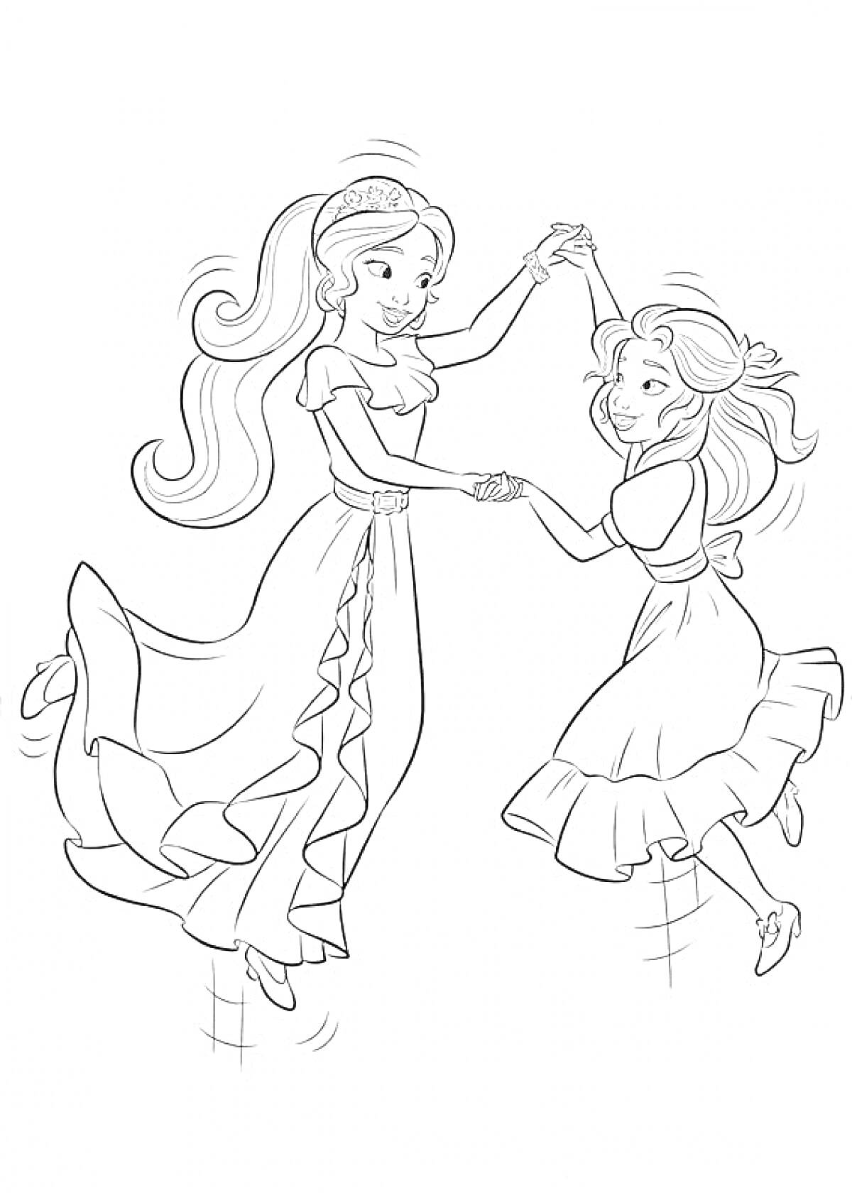 Раскраска Елена из Авалора и девочка танцуют, обе в платьях