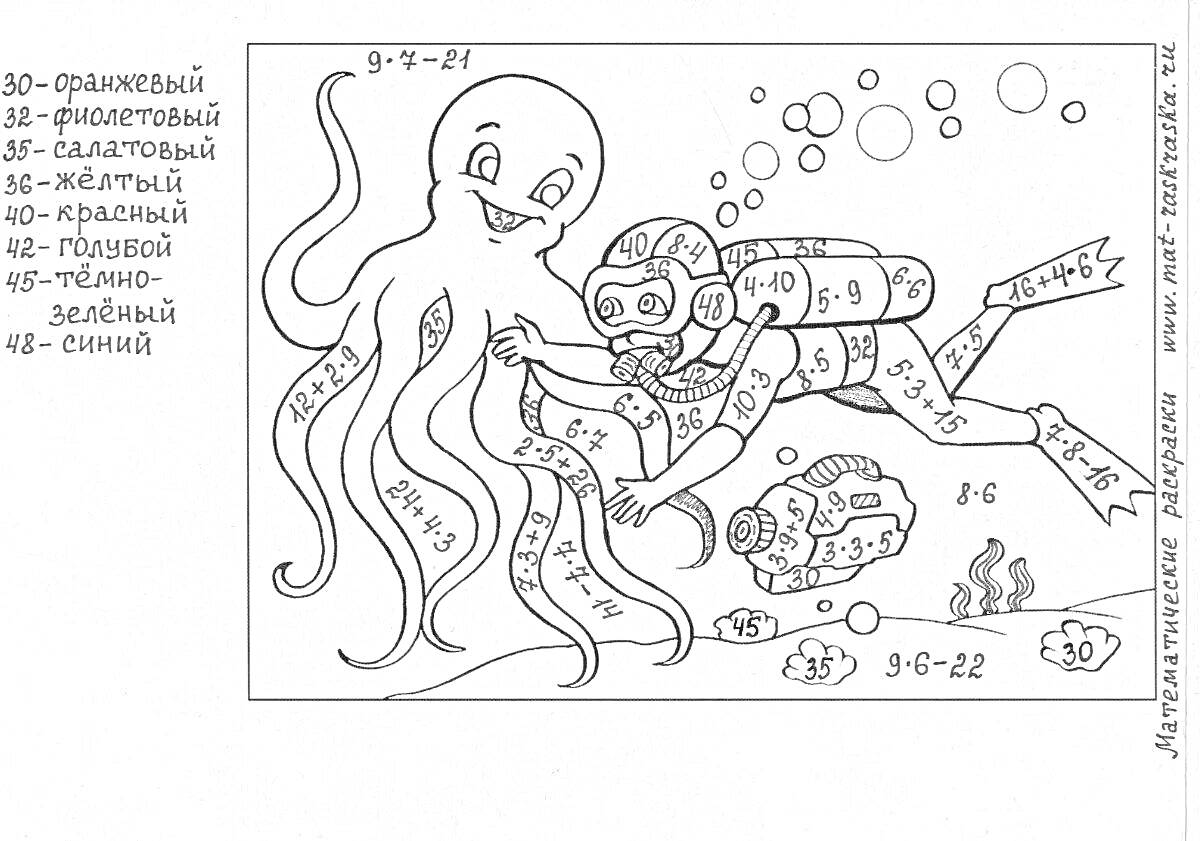 На раскраске изображено: Таблица умножения, 3 класс, Водолаз, Под водой, Учебное пособие, Математика, Раскрашивание, Учеба, Для детей, Задания, Осьминоги