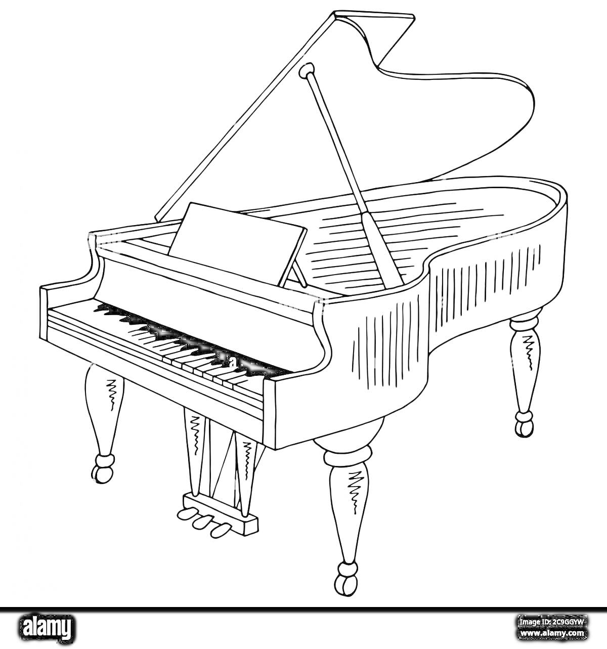 Раскраска Гранд пианино с поднятой крышкой и нотной подставкой