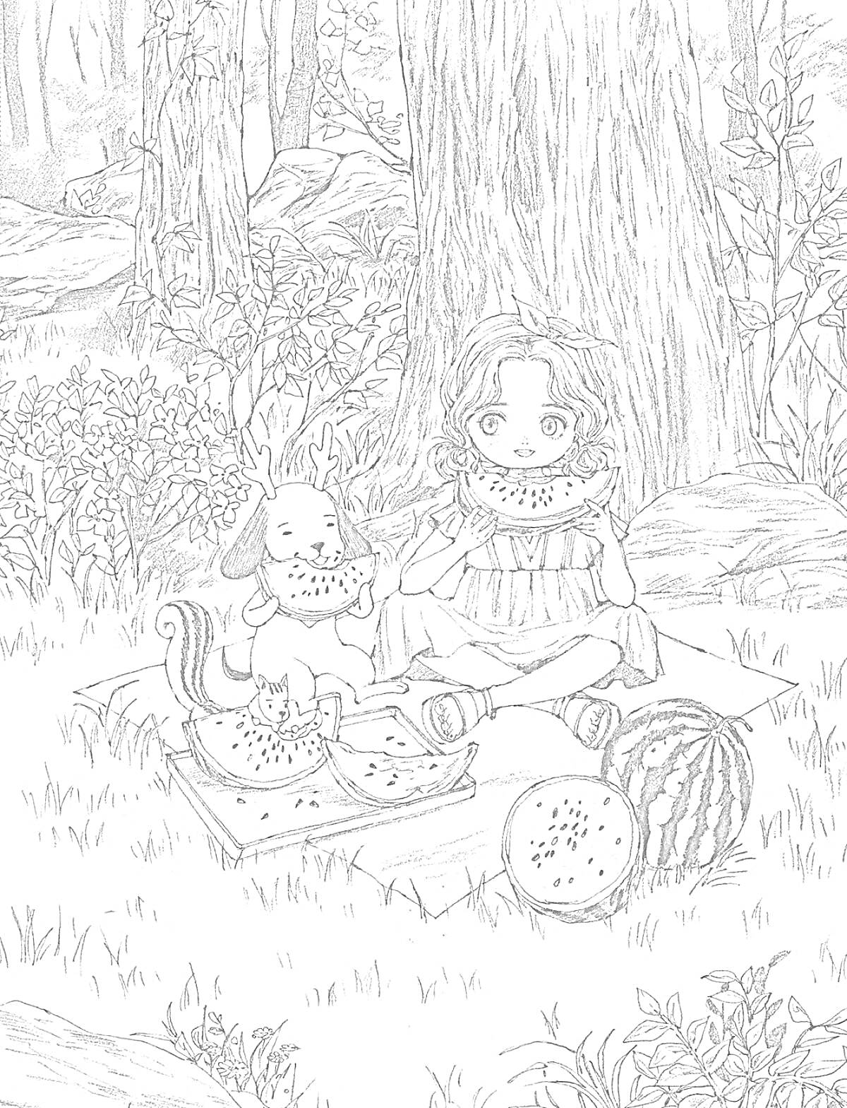 Раскраска Лесная девочка с собакой и арбузами на поляне перед деревьями и кустарником
