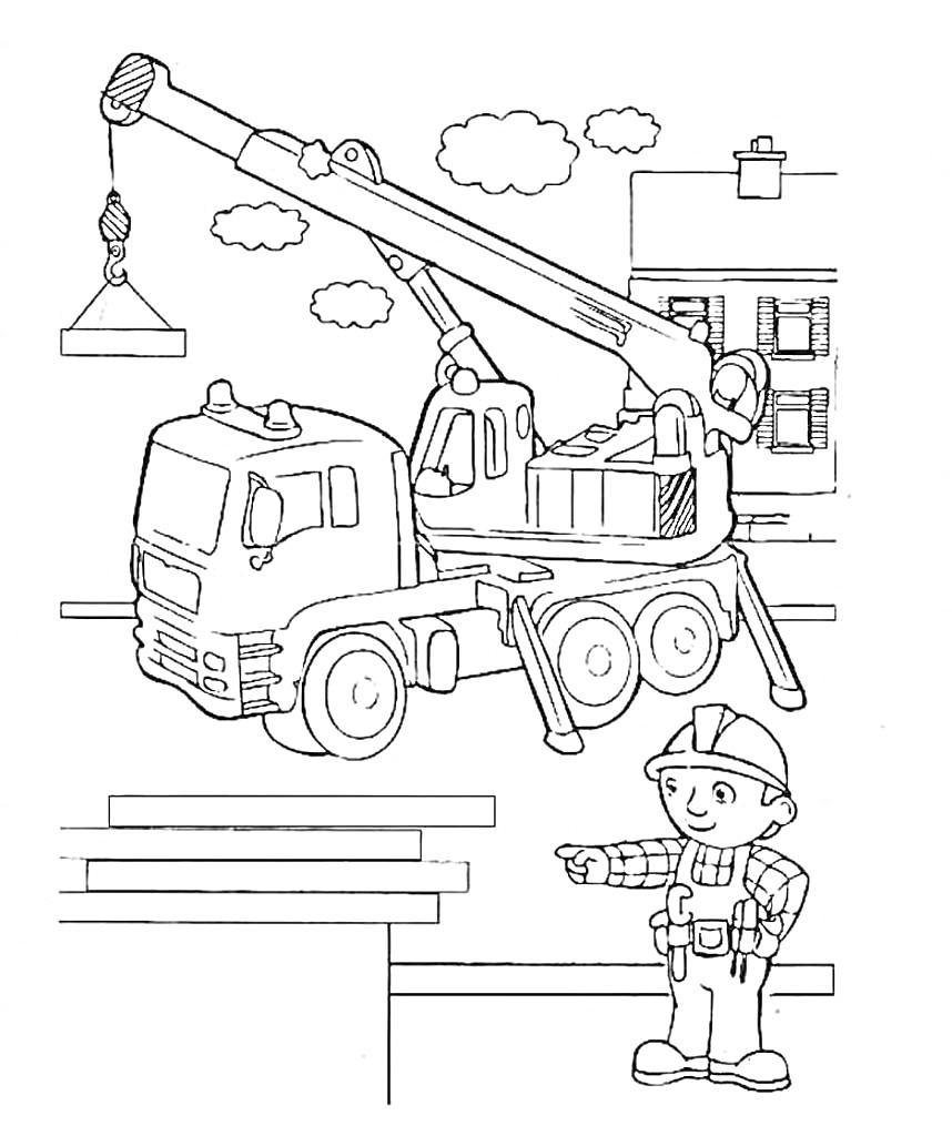Подъемный кран с грузом и рабочий на стройке, грузовик, дом на заднем плане, облака
