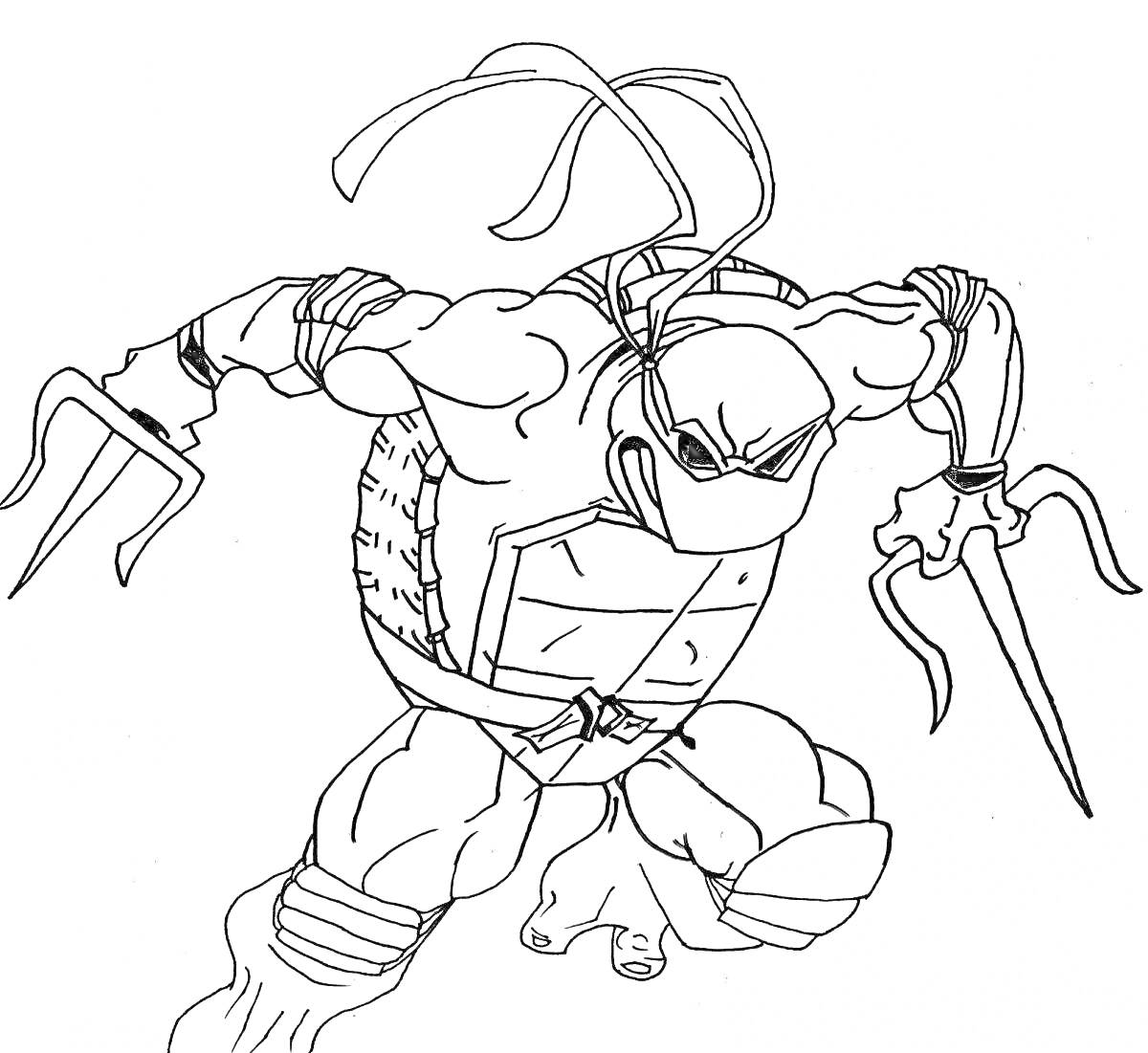 Раскраска Человек-амфибия с тремя пальцами, с двумя кинжалами, в маске, с панцирем, в боевой позе