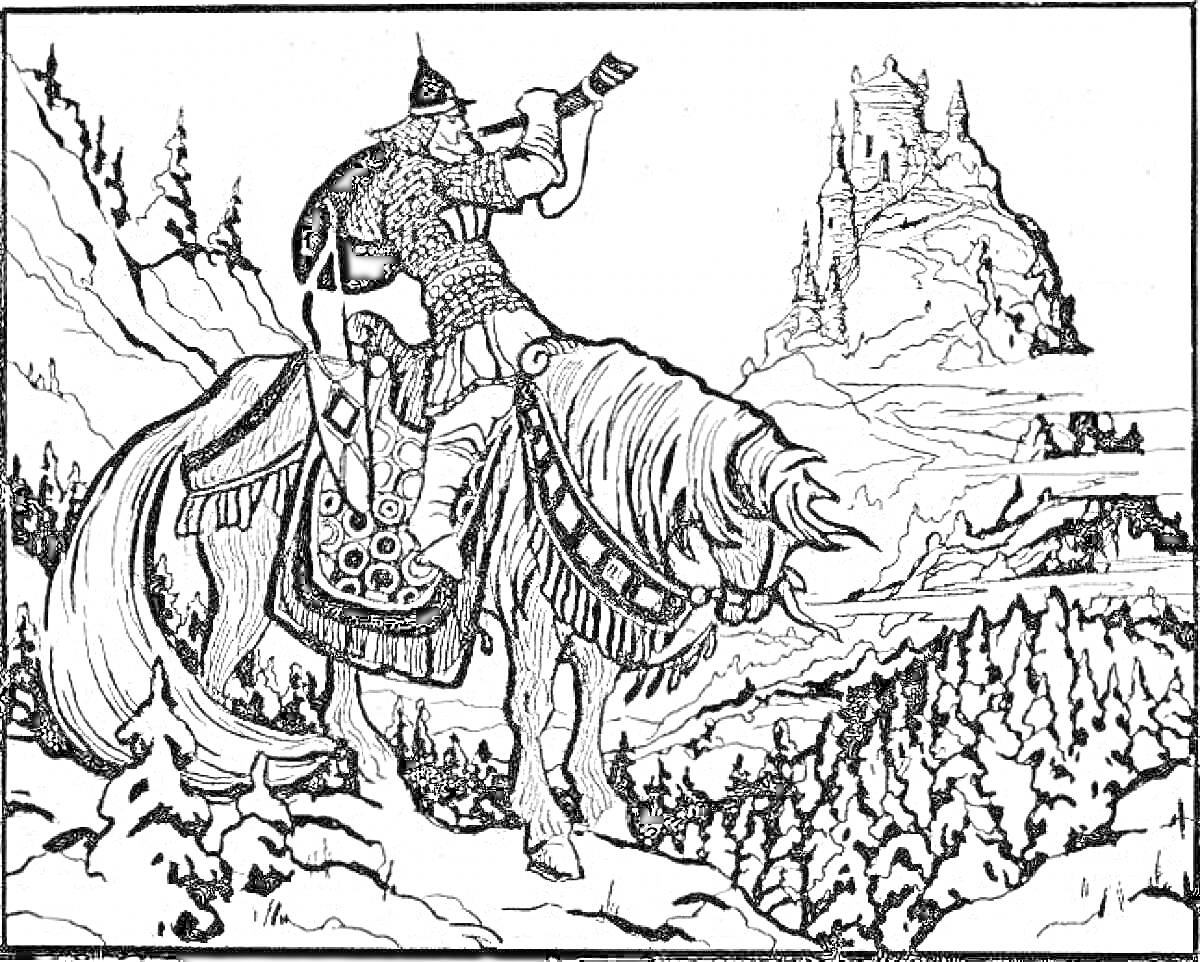 На раскраске изображено: Конь, Меч, Замок, Горы, Лес, Зимний пейзаж, Путь, Приключения