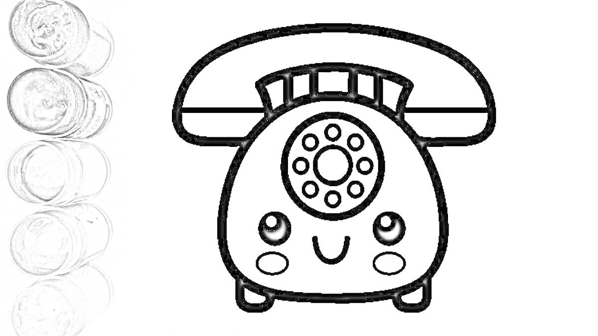 Раскраска Телефон с улыбающимся лицом и баночками с краской