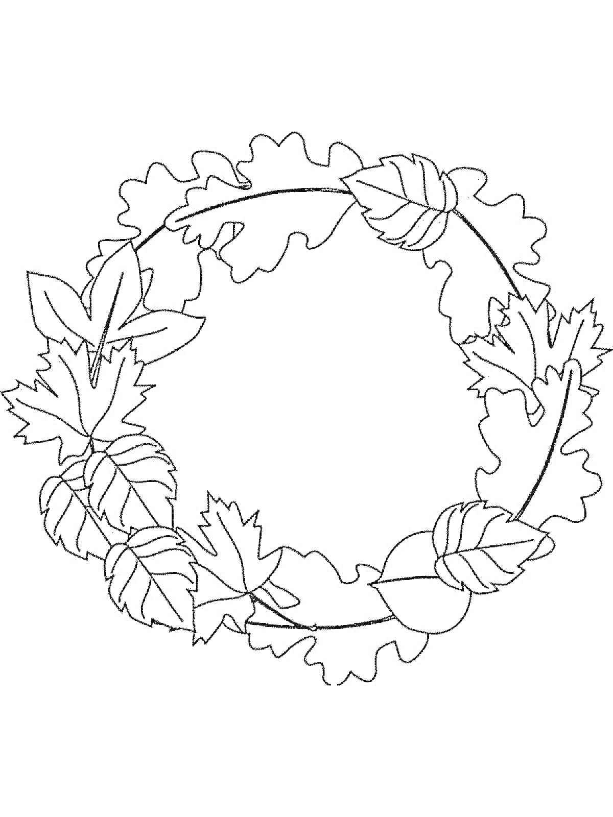 На раскраске изображено: Осень, Листья, Венок, Дубовые листья, Кленовые листья, Природа
