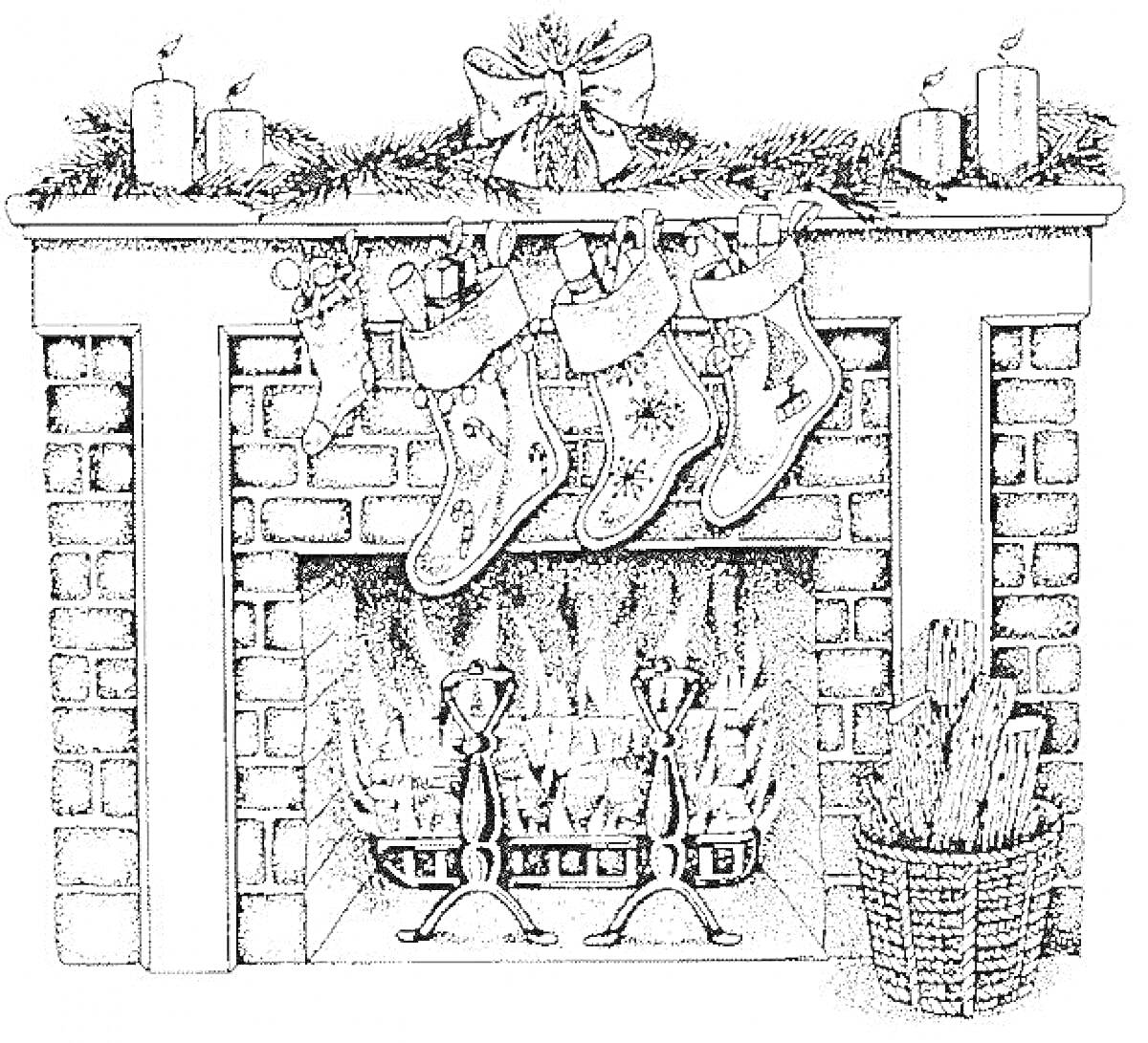 Раскраска Рождественский камин с носками, свечами и поленницей