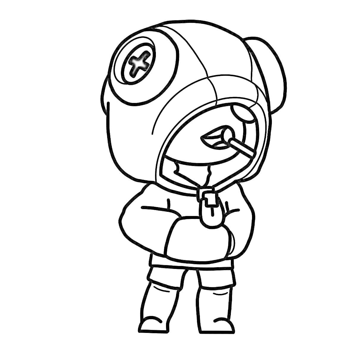 Раскраска Леон в капюшоне с маской и короткими штанами, руки в карманах.