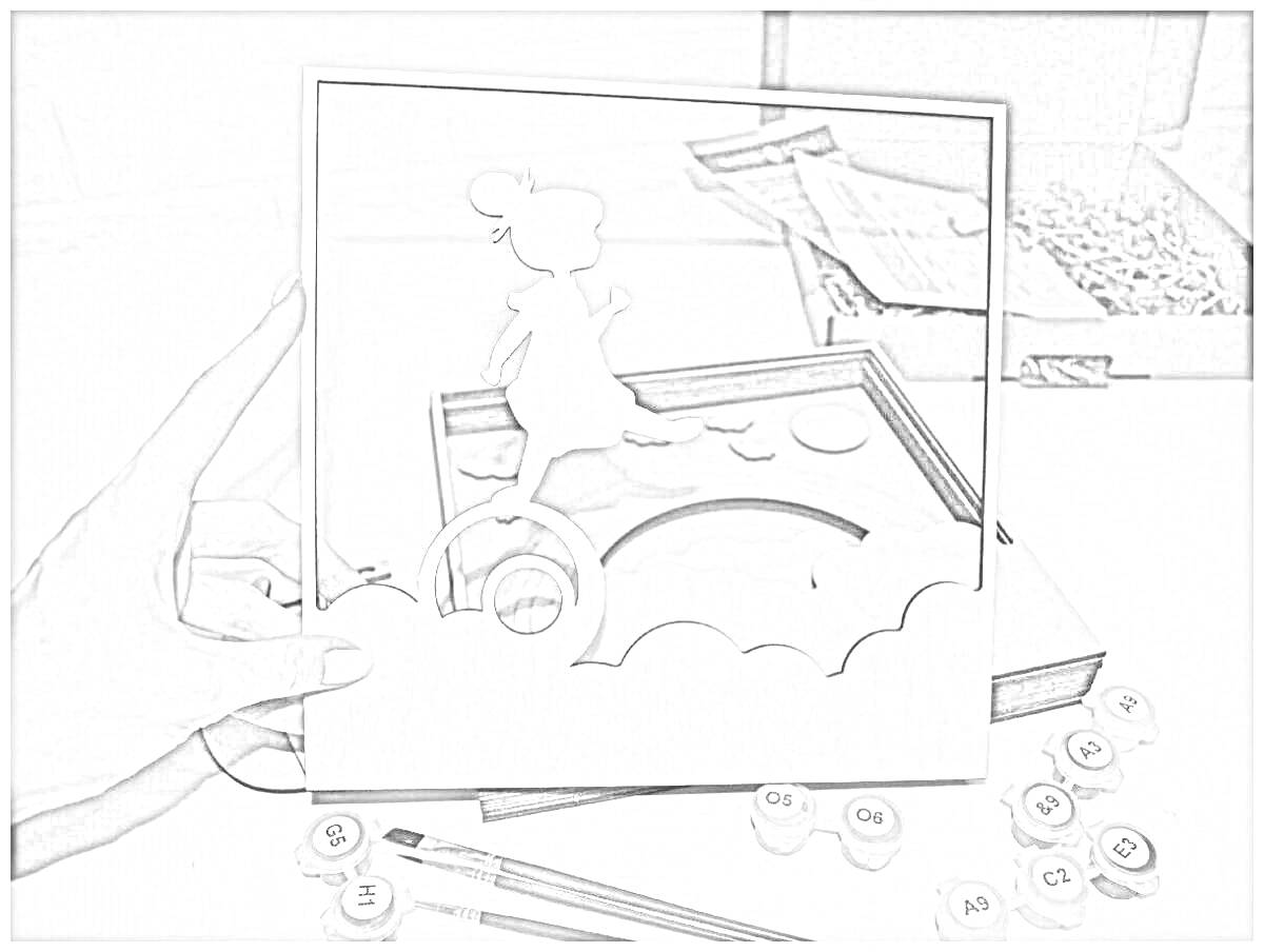 Раскраска Силуэт девочки на облаке в квадратной рамке, дерево, элементы для раскрашивания, кисти и краски номера