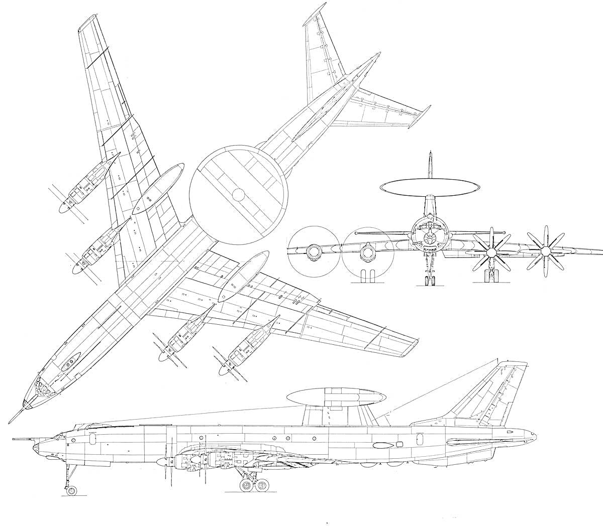Раскраска Схематическое изображение самолета Ту-95 с видами сверху, сбоку и спереди, с обозначением всех основных элементов конструкций, включая крылья, фюзеляж, двигатели и хвостовое оперение.