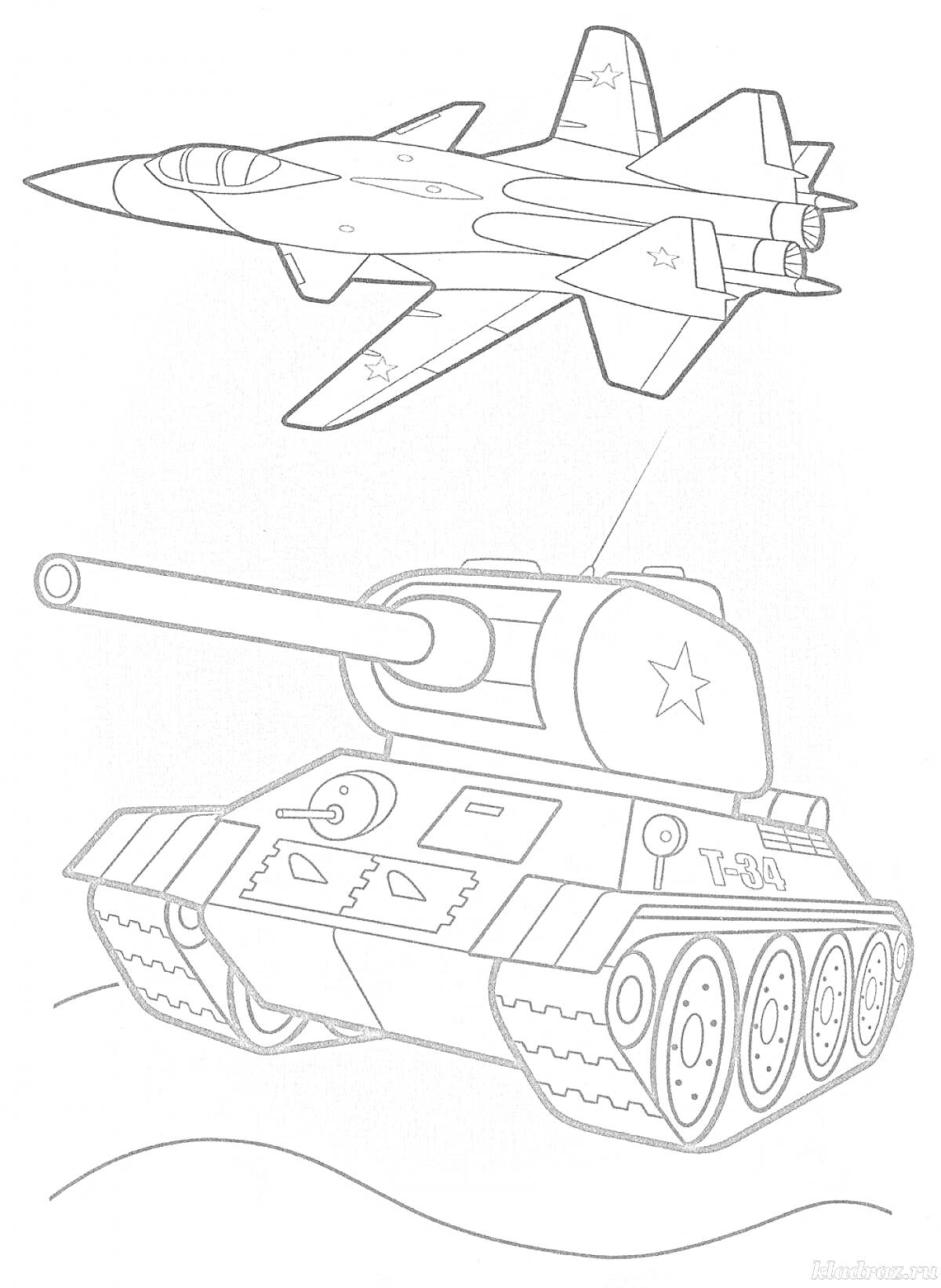 Раскраска Самолет и танк на фоне земли