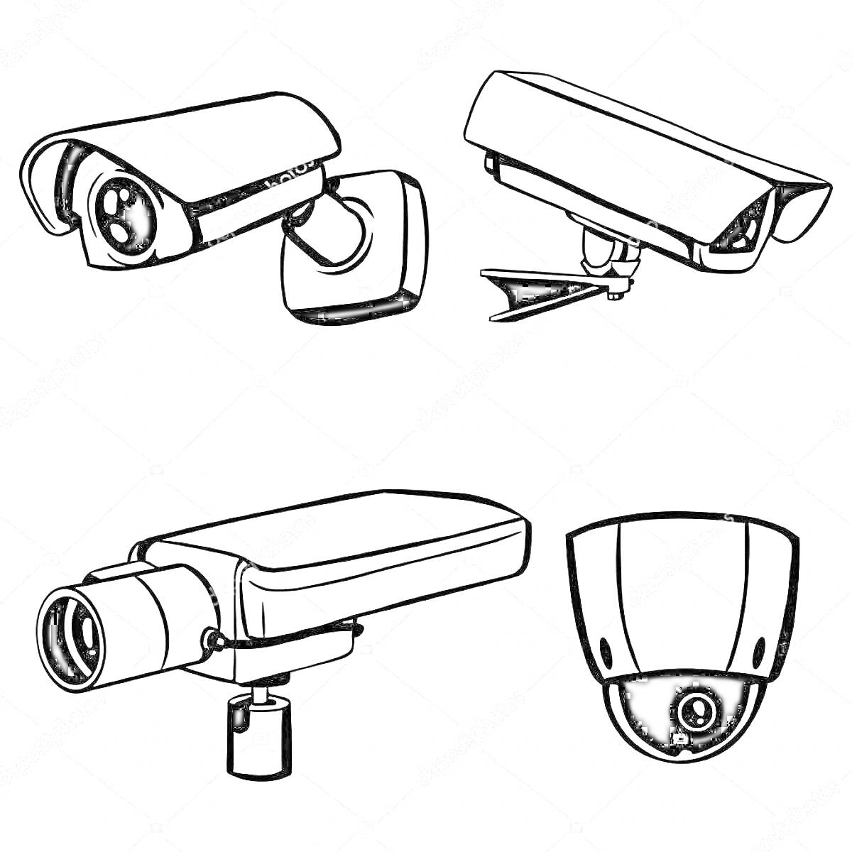 Раскраска Четыре типа видеокамер: камера с защитным козырьком, камера с крепежным кронштейном, видеокамера цилиндрической формы и купольная камера.