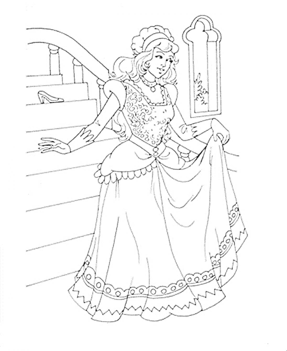 Раскраска Барышня на лестнице с босоножкой, в платье и головной повязке, рядом зеркало