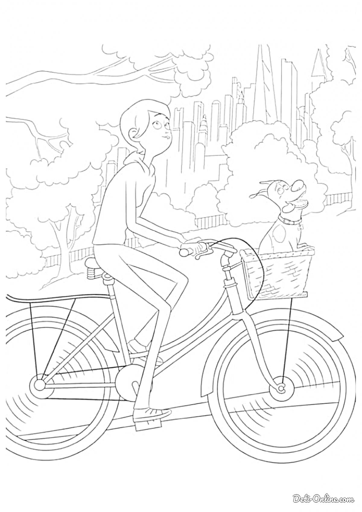 Раскраска Девочка на велосипеде с собакой в корзине на фоне города и деревьев
