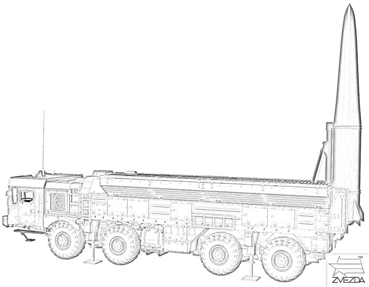 На раскраске изображено: Ракетная установка, Ракета, Военная техника, Колесное шасси