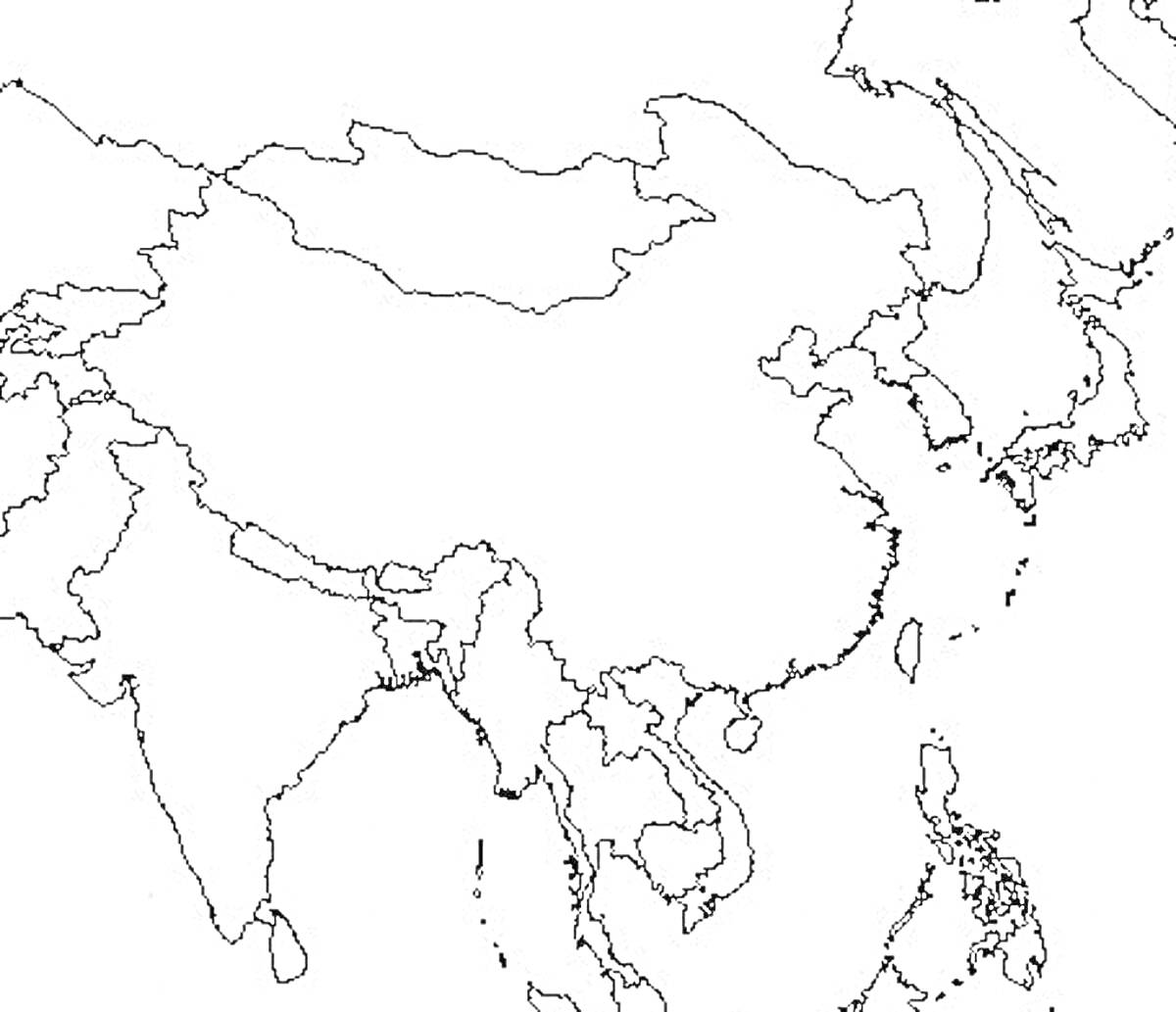 Раскраска Контурная карта Азии с изображением границ стран