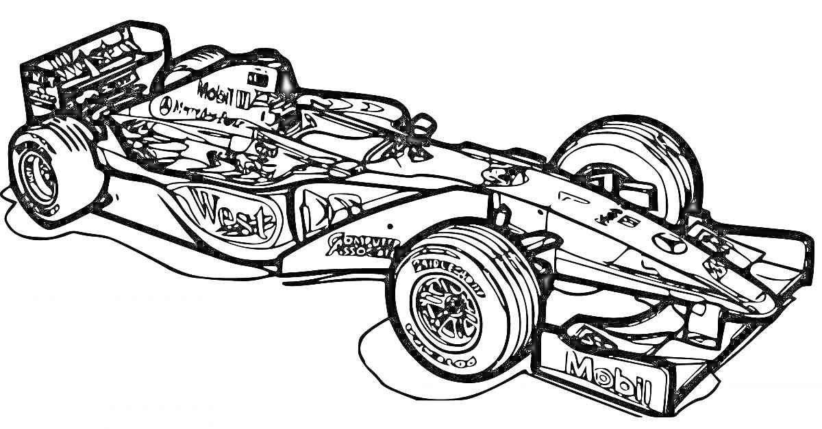 На раскраске изображено: Формула 1, Гоночный автомобиль, Шины, Аэродинамика, Гоночная трасса, Автоспорт