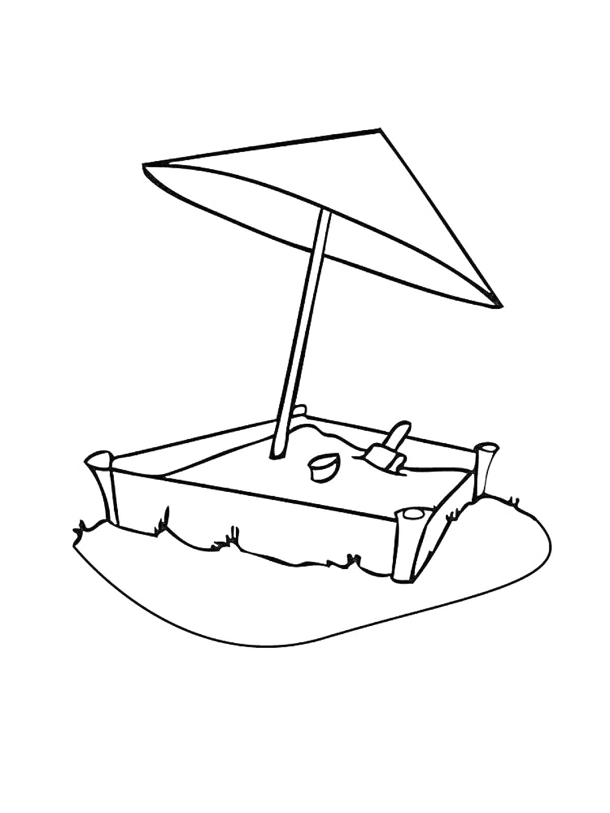Раскраска Песочница с игрушками и зонтиком. На изображении песочница с четырьмя столбиками по углам, зонтик, ведёрко и лопатка.