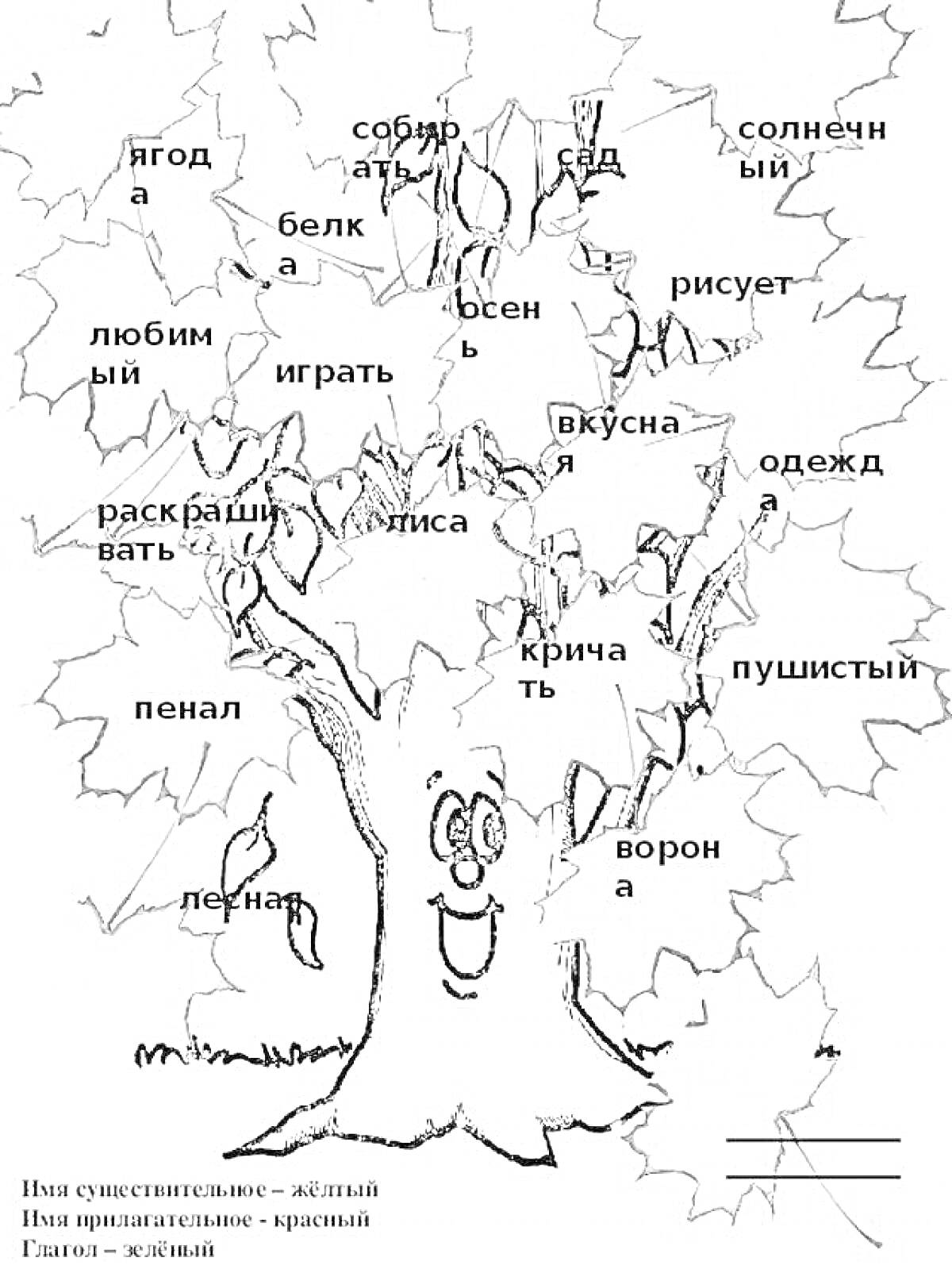 Раскраска Дерево с частями речи для 2 класса с одиночными словами на листочках (имя существительное - жёлтым, имя прилагательное - красным, глагол - зелёным)