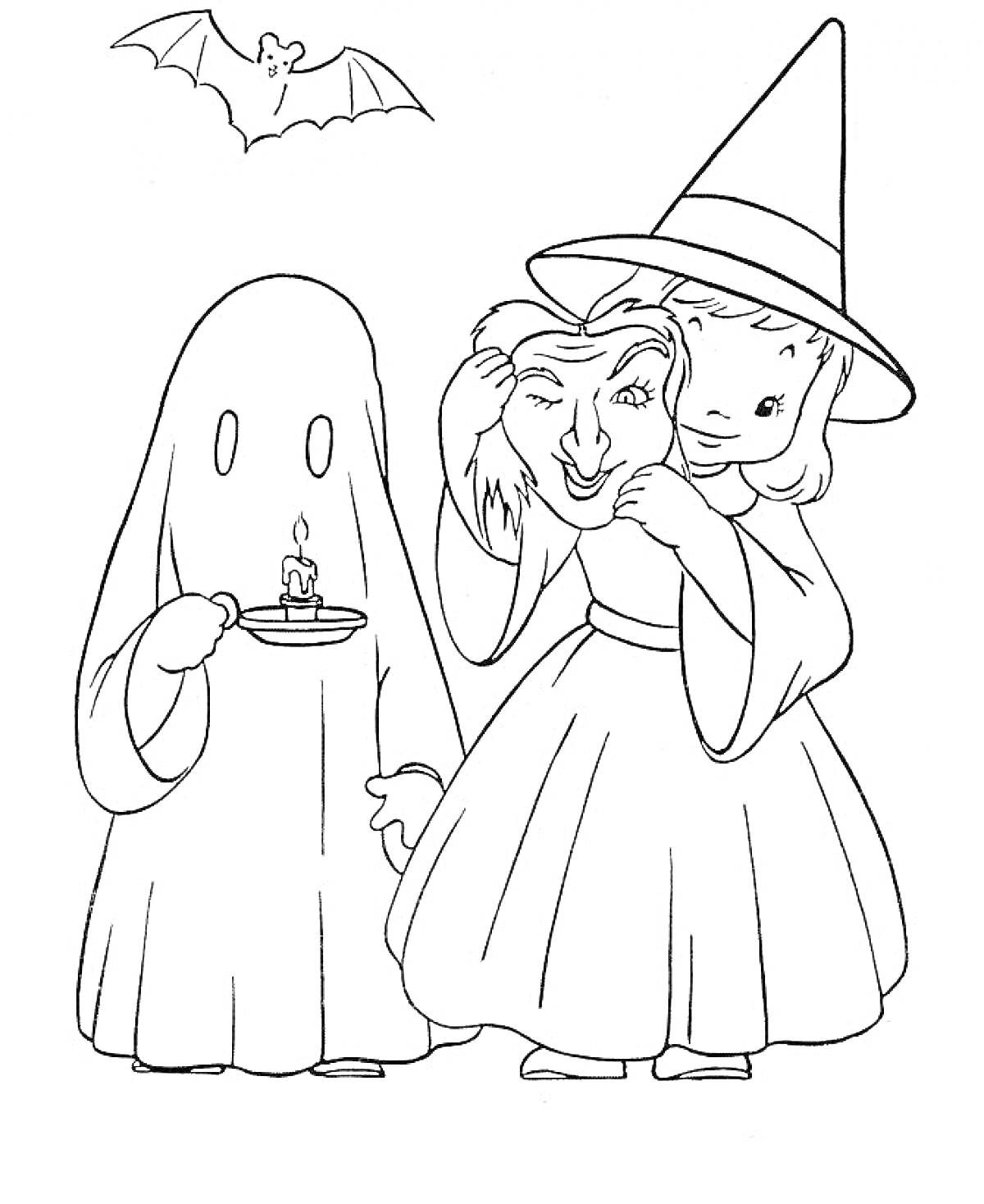 Привидение с подсвечником, девочка в шляпе ведьмы с маской ведьмы, летучая мышь