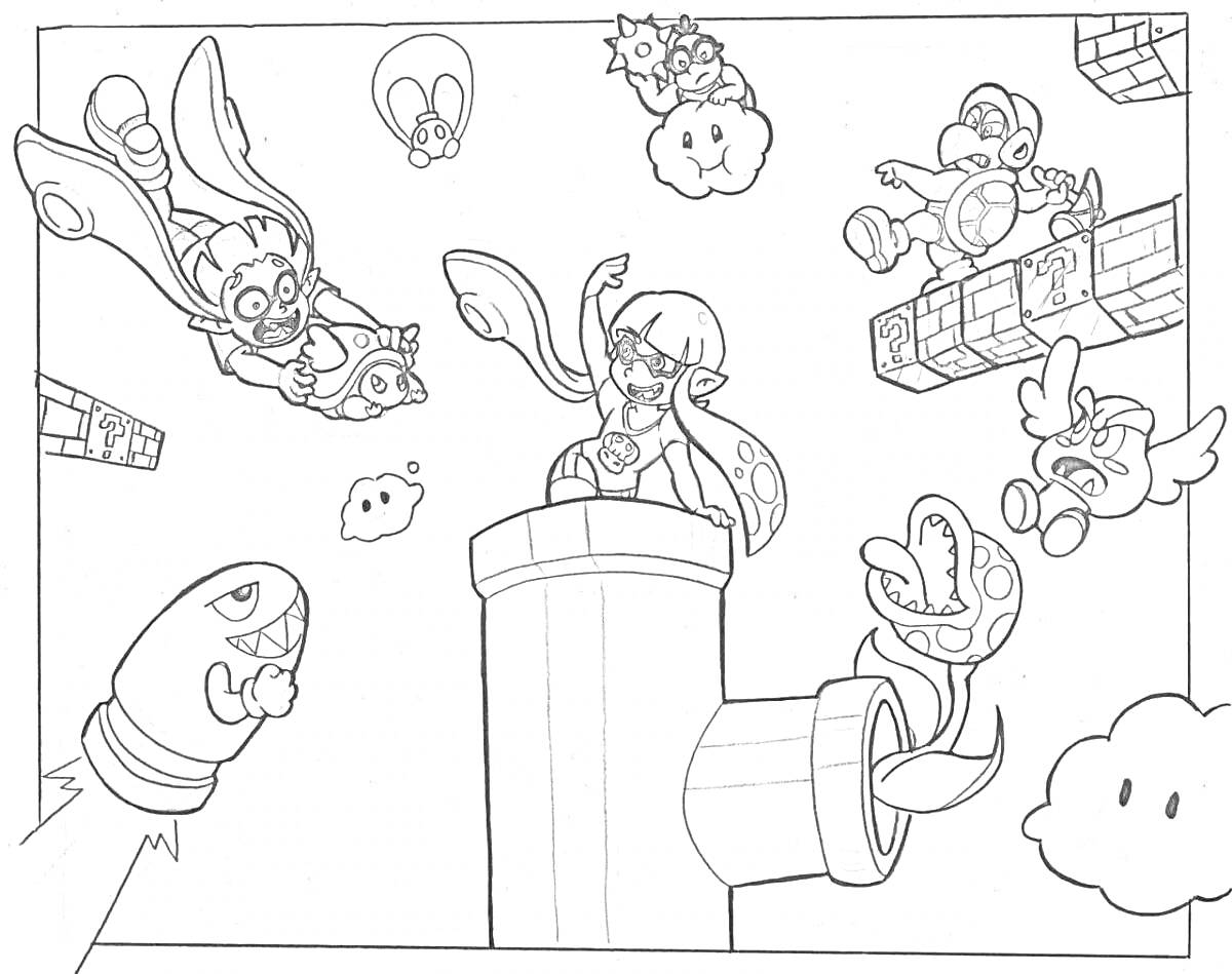 Раскраска Персонажи в костюмах, плывущие над трубой, облака, веселая ракета, подвесной мост, крылатый персонаж, летучие персонажи