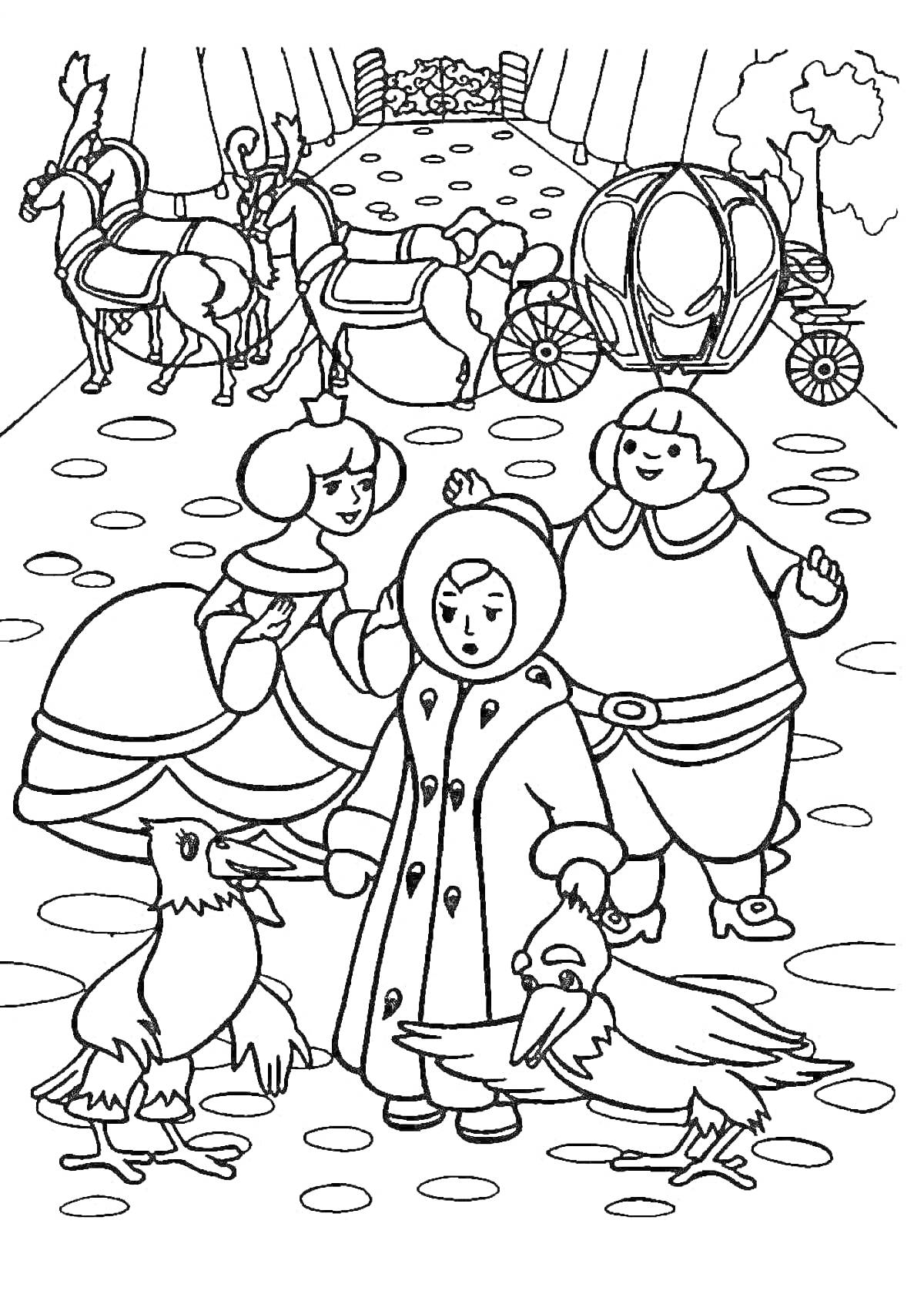 Раскраска Люди в средневековой одежде, повозка с лошадями на фоне, зимняя одежда, гуси на переднем плане