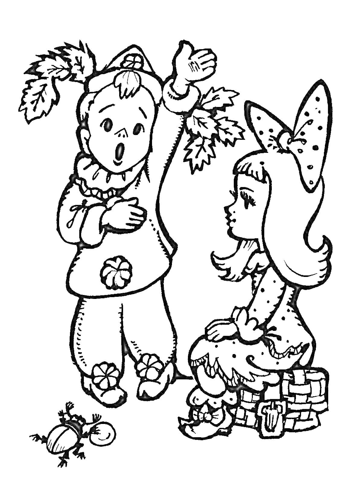 Раскраска Буратино говорит с девочкой на корзине, жук на земле
