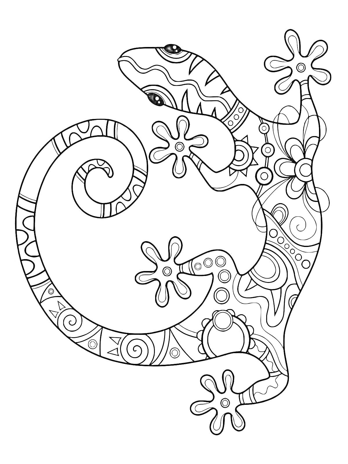 Раскраска Ящерица с узорами и цветами