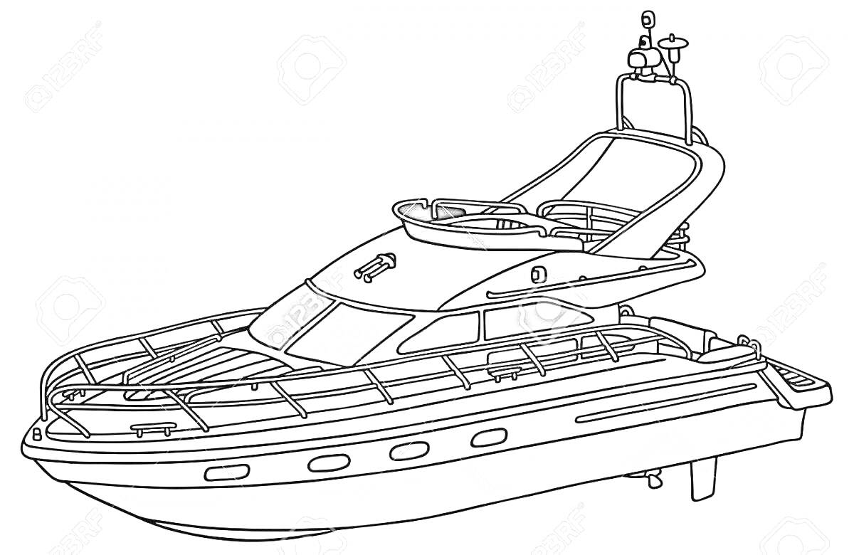 На раскраске изображено: Моторная лодка, Палуба, Поручни, Морское судно, Судоходство, Плавание, Транспорт, Яхта