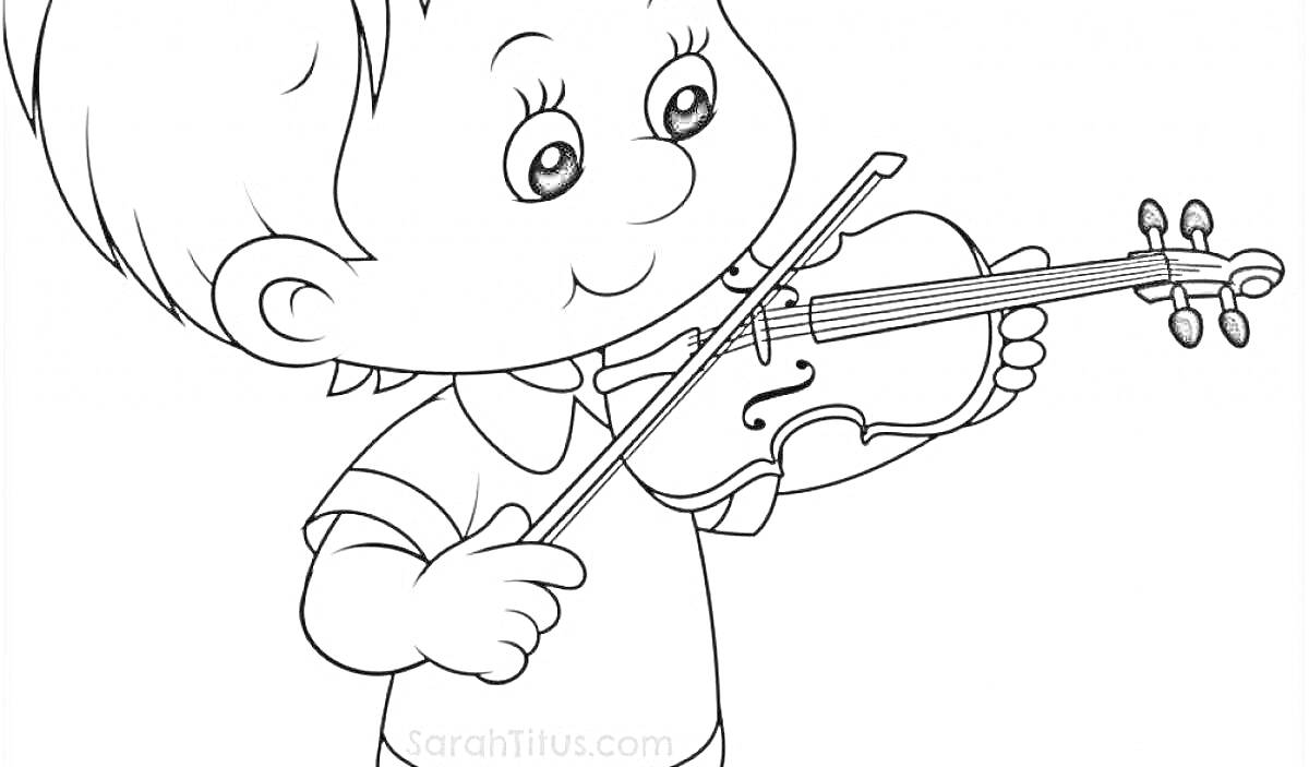 На раскраске изображено: Ребёнок, Скрипка, Музыкальный инструмент, Ноты, Мальчик, Музыка, Игра