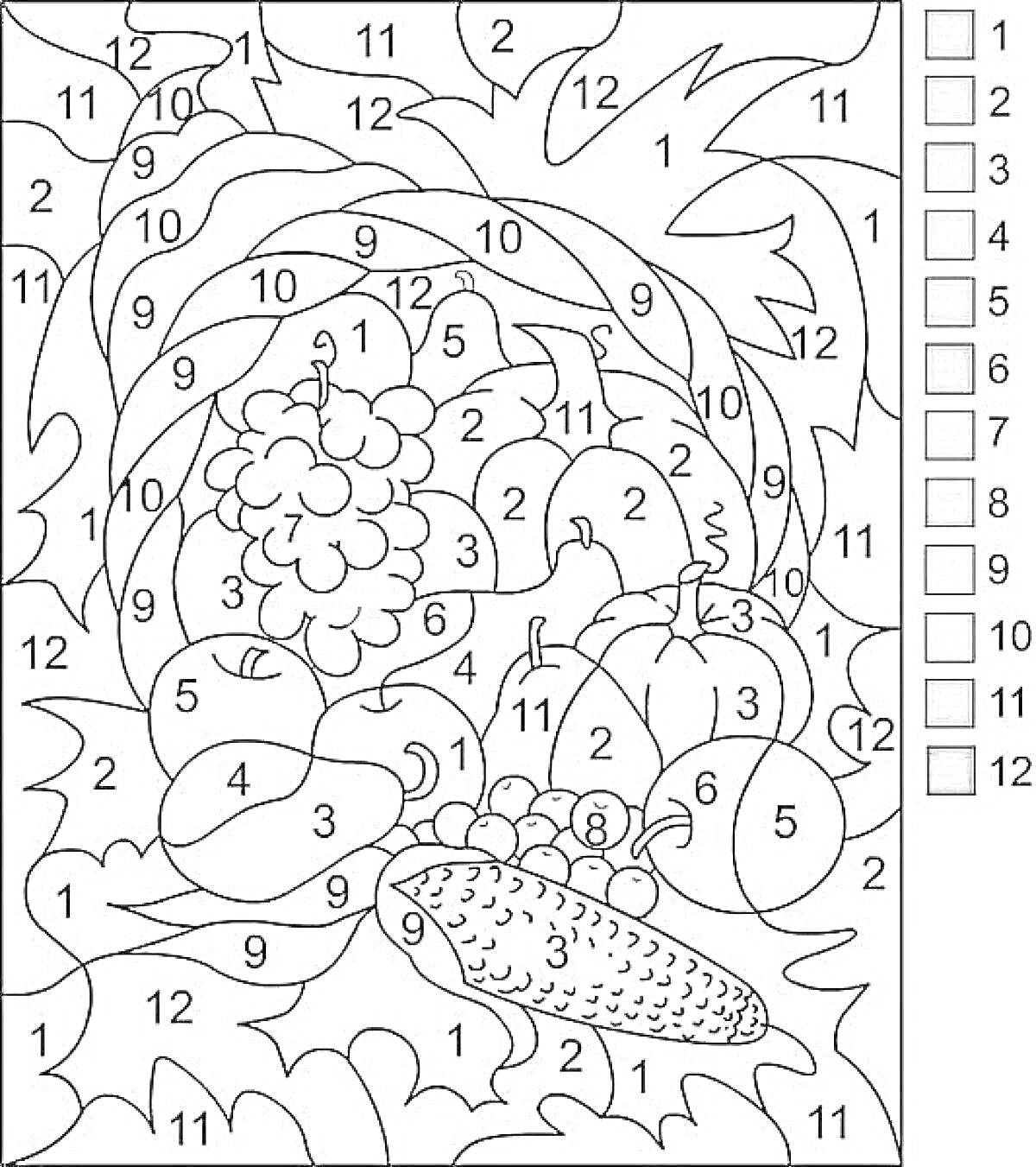 На раскраске изображено: Цифры, 7 лет, Виноград, Овощи, Кукуруза, Листья, Цифры для раскрашивания