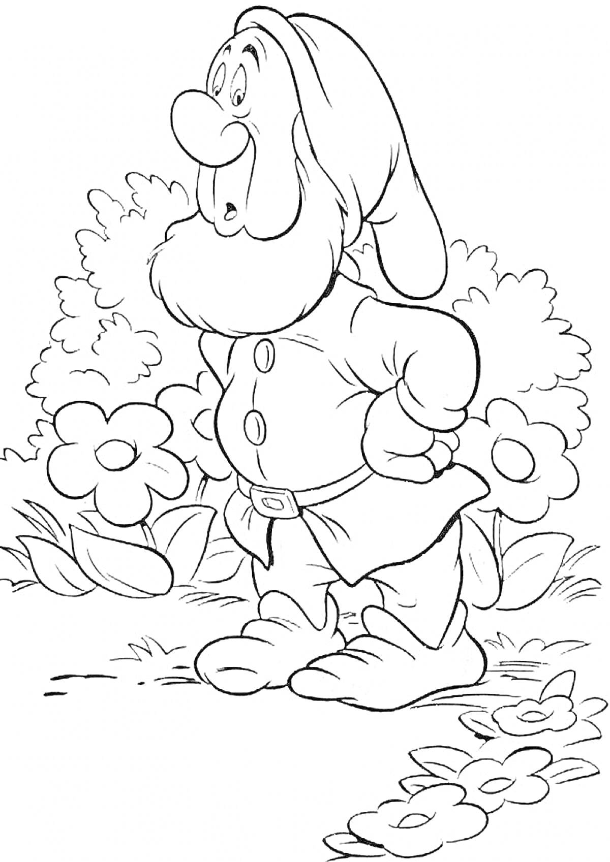 Раскраска Гномик стоит среди цветов и кустов