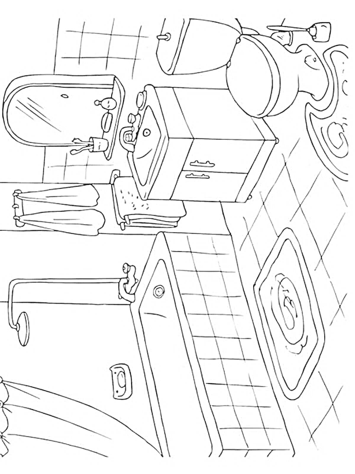 На раскраске изображено: Ванная комната, Раковина, Унитаз, Ванна, Зеркало, Полотенце, Кран, Плитка