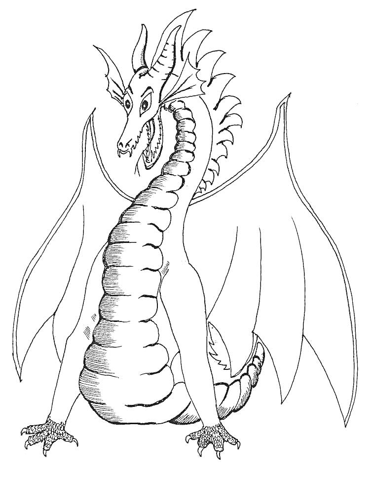 Раскраска Дракон с большими крыльями и шипами на шее, стоящий на задних лапах