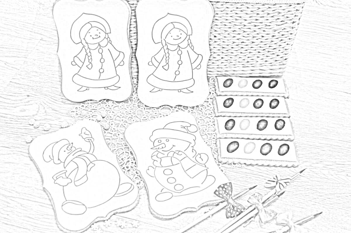 РаскраскаПряничные раскраски с изображениями девочек в традиционной зимней одежде и снеговиков с головными уборами, корзина, краски с кисточками и бантики из ткани
