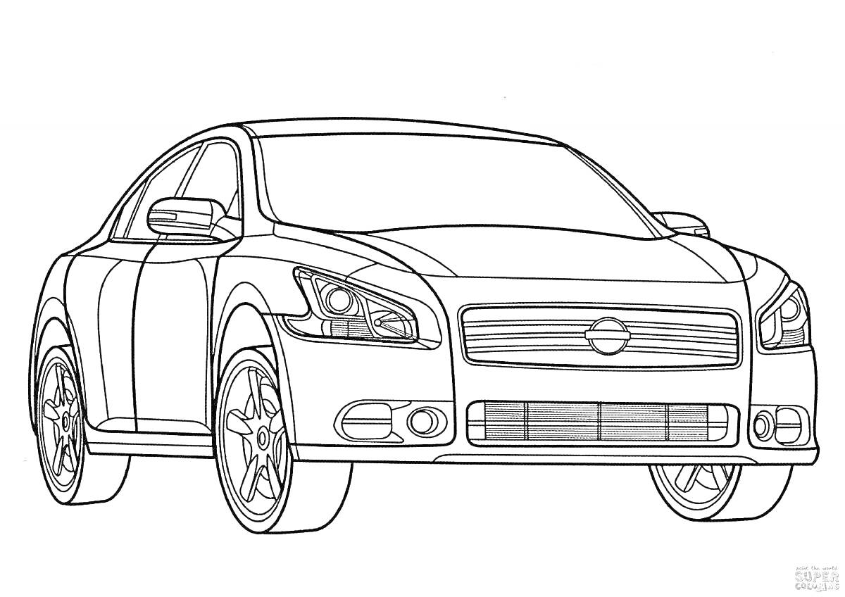 Раскраска Раскраска автомобиля Ниссан Альмера, вид спереди, с передними фарами, решеткой радиатора, боковыми зеркалами и колесами