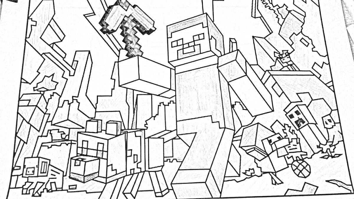 Раскраска Персонаж из игры с киркой на фоне разрушенного мира с мобами и строениями из кубов
