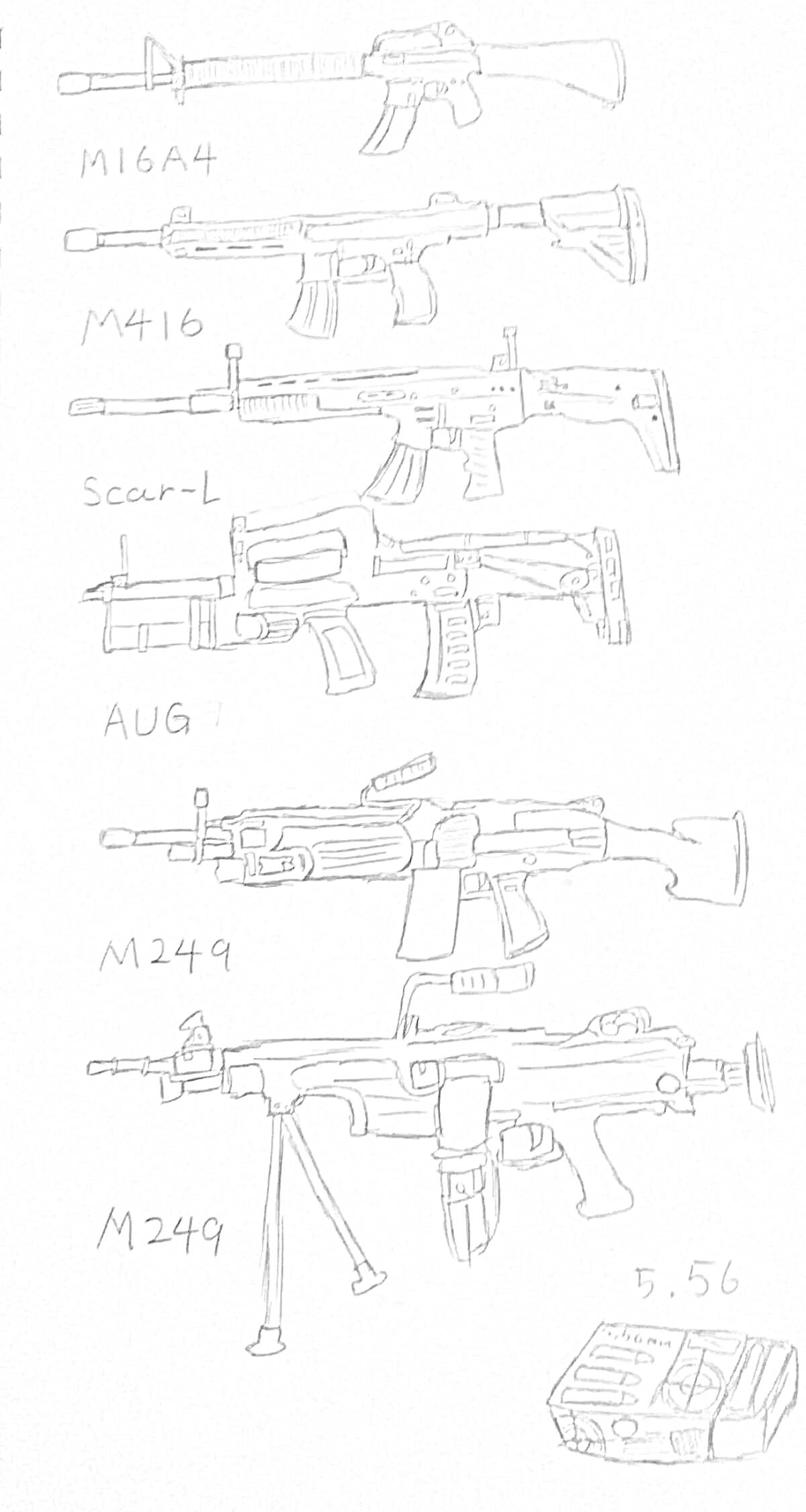 Раскраска M16A4, M416, Scar-L, AUG, M249, M249, 5.56