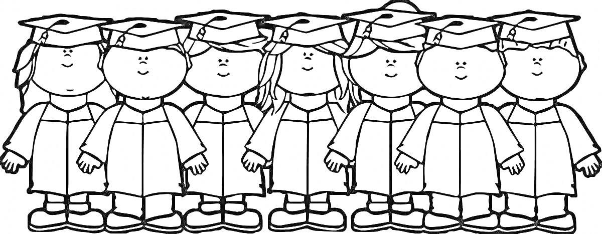 Раскраска Группа выпускников в академических мантиях и шапках