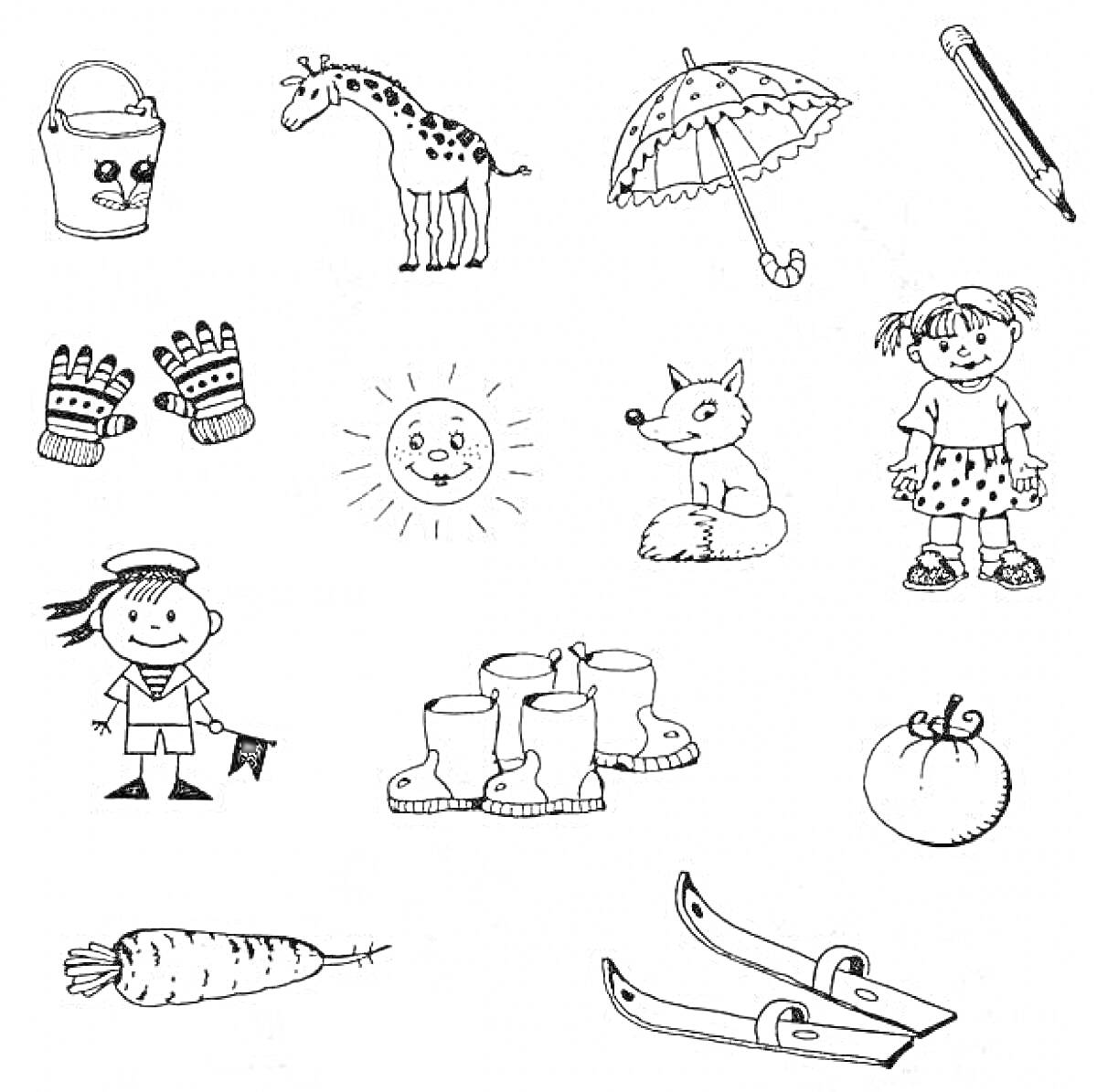 На раскраске изображено: Перчатки, Солнце, Лиса, Девочка, Мальчик, Сапоги, Помидор, Коньки
