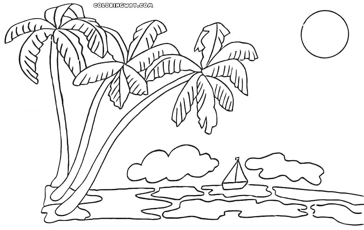 Раскраска Пальмы на берегу с лодкой и солнцем