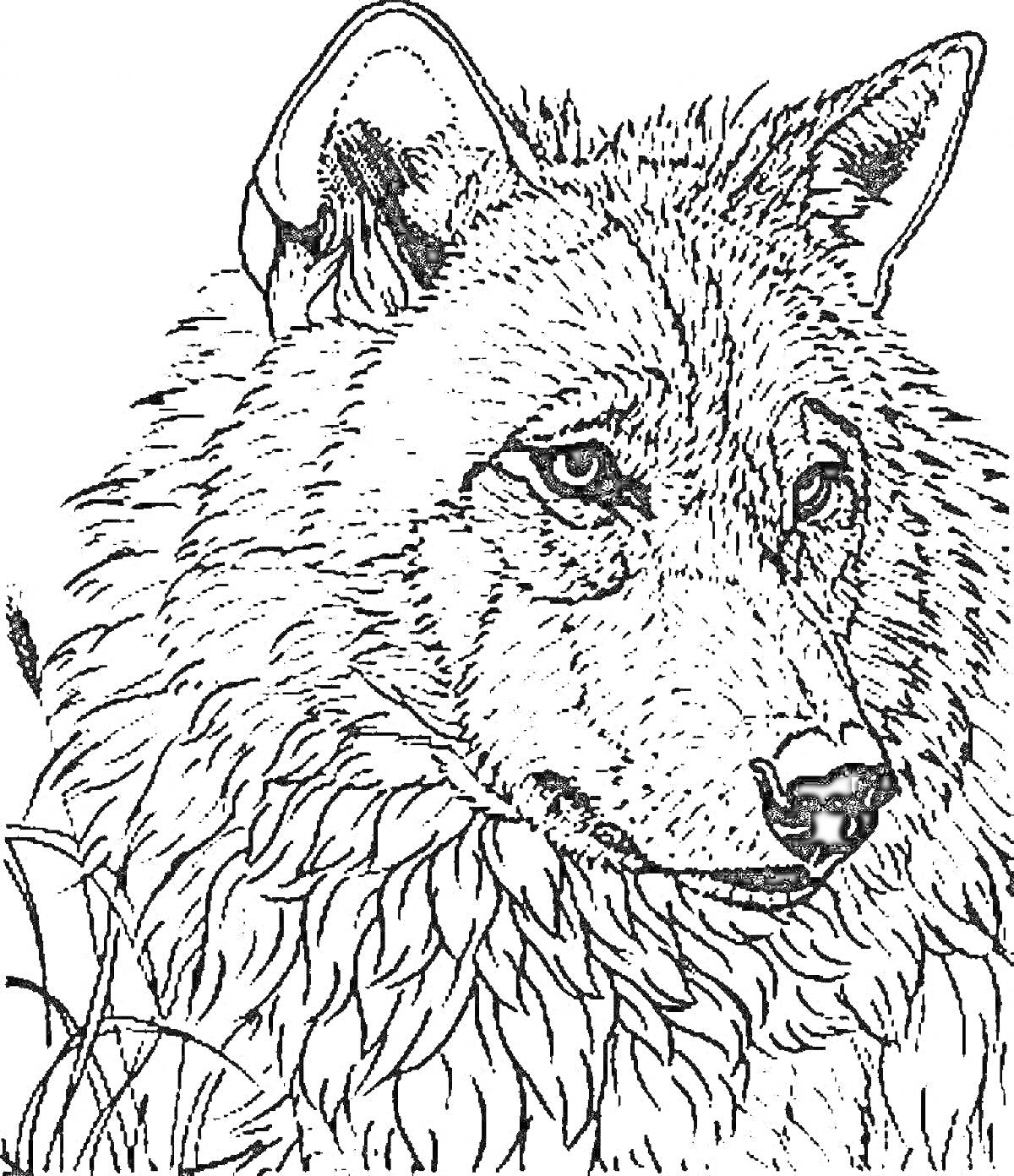 На раскраске изображено: Волк, Трава, Животные, Природа, Лес, Детализированное изображение, Портреты, Хищники