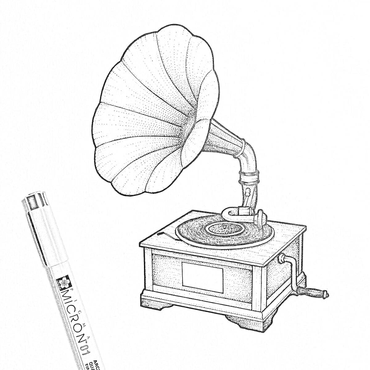 Раскраска Граммофон с пластинкой и ручкой для завода, маркер Micron